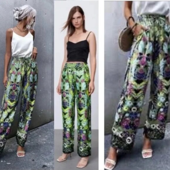 NEW Zara Satin Effect Floral Wide-Leg Pyjama Style Pants in Green, Size XS - Picture 2 of 16